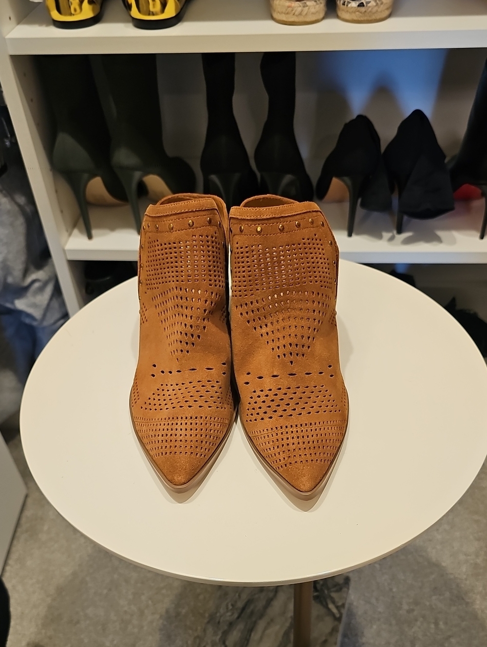 Gibson Latimer Perforated Suede Pointed Ankle Booties in Tan
